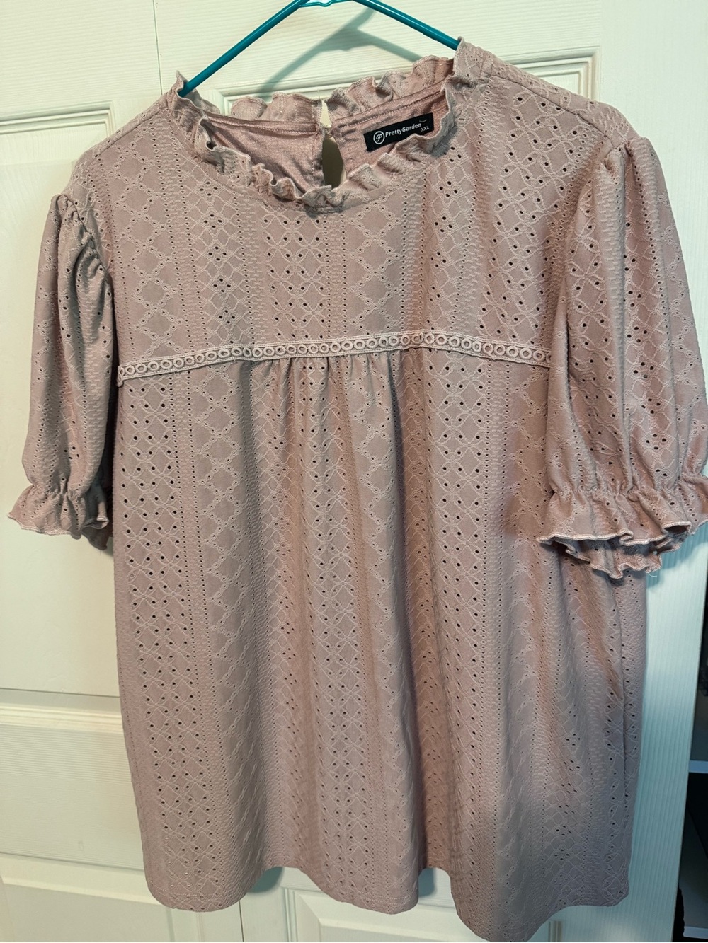 Pink Eyelet Puff Sleeve Blouse with Lace Trim